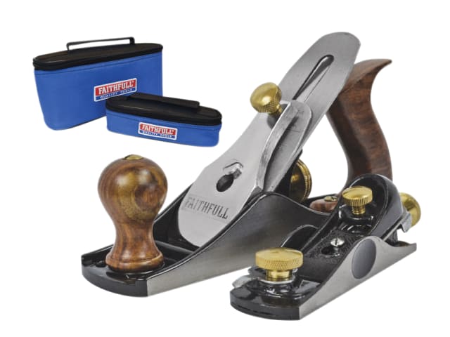 Faithfull No.4 smoothing and No.60 1/2 block plane set with wooden handles, brass fittings, canvas bags – Kean’s