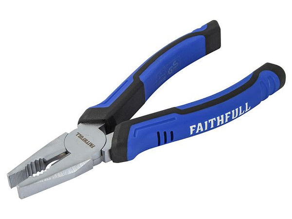 Faithfull 180mm combination pliers with serrated jaws, induction-hardened cutting edges, cushion grips – available at Kean’s
