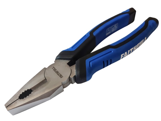 Faithfull 200mm combination pliers with blue cushion-grip handles and serrated jaws, angled view.