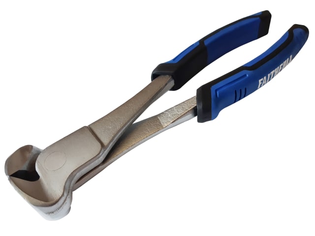 Faithfull 8in end-cutting pliers with blue cushion-grip handles and chrome-vanadium steel jaws at 90-degree angle.