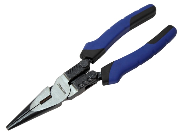 Faithfull High-Leverage Long Nose Pliers with blue and black soft-grip handles and metal jaws angled open.