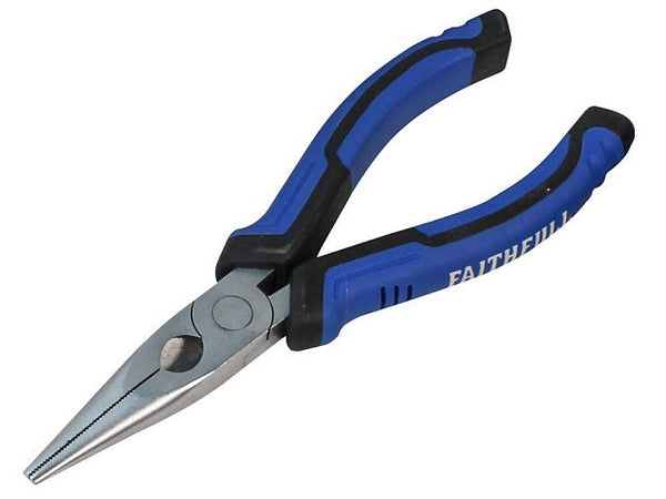 Faithfull 165mm long nose pliers with serrated tapered jaws, cushion grips, chrome vanadium steel – available at Kean’s