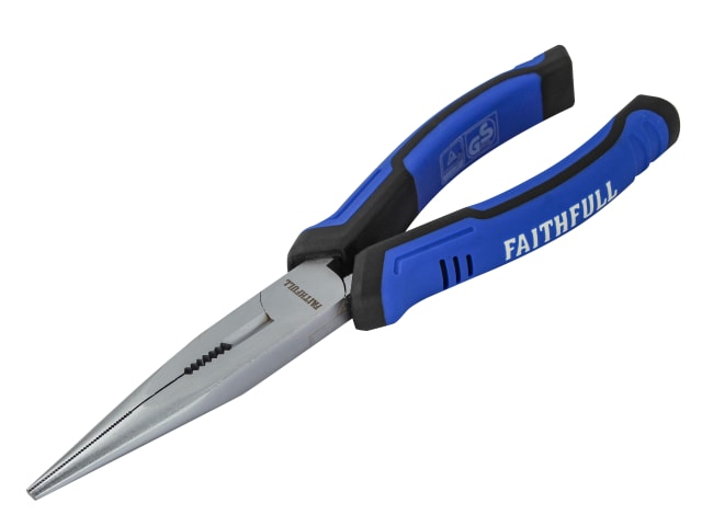 Faithfull 200mm long nose pliers with blue and black cushion grips and serrated steel jaws.