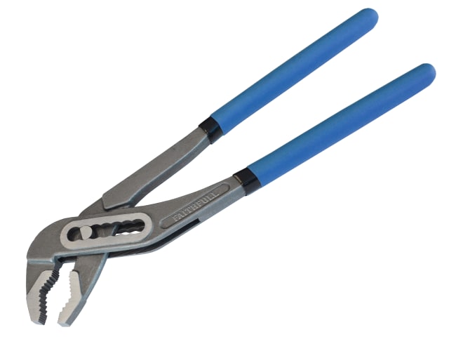 Faithfull 250mm slip-joint water pump pliers with blue vinyl handles and adjustable jaws on white background.