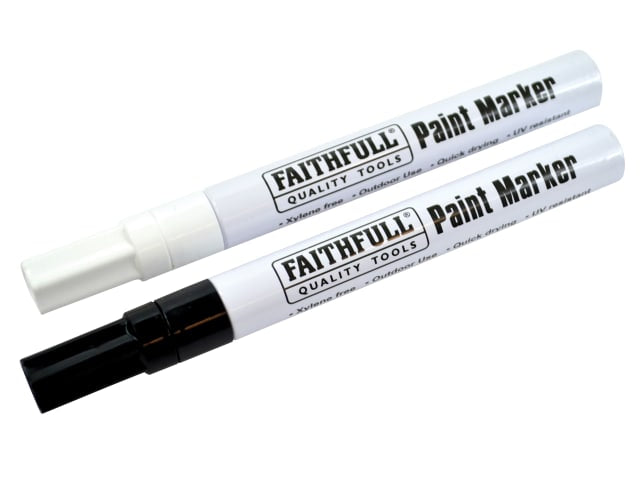 Two Faithfull paint markers, one black and one white, shown side by side with caps on.
