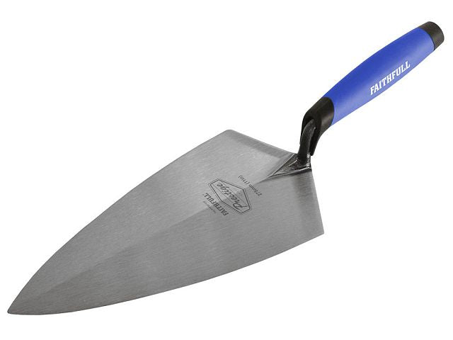 Faithfull Forged Curve Brick Trowel 275mm with forged chrome vanadium steel blade, soft-grip handle, from Kean’s