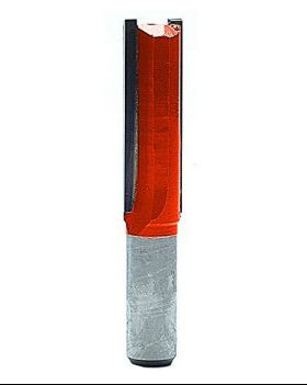 Faithfull TCT two-flute router bit with red cutting edges and silver shank, standing upright on white background.