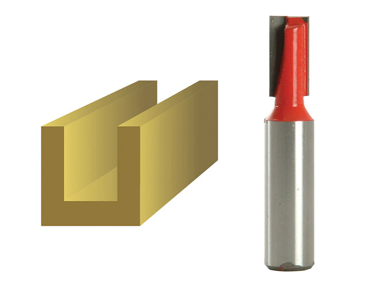 Faithfull TCT Two Flute Router Bit with red-tipped cutter and silver shank, shown next to a U-shaped wood groove