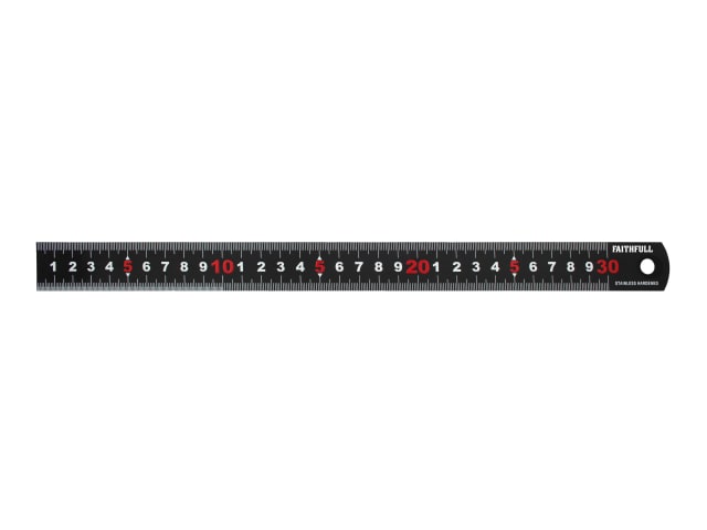 Matt black 300mm stainless steel measuring rule with white and red metric markings and a hole at one end.