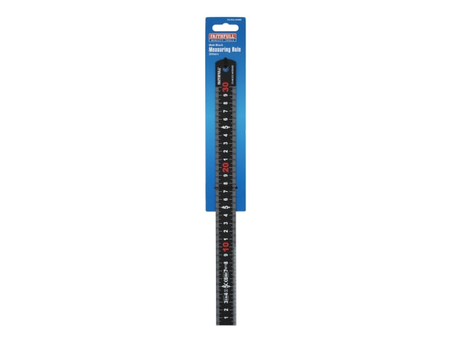 Matt black 300mm measuring rule with white and red markings on blue branded packaging.