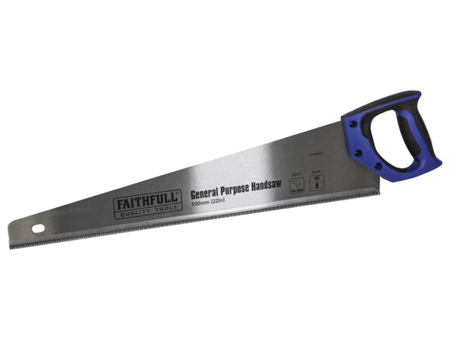 Faithfull 22in general-purpose handsaw with blue soft-grip handle and hardened steel blade.