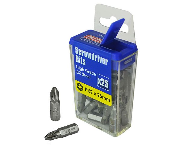 Faithfull 25-piece S2 steel Pozidriv PZ2 screwdriver bits set with flip-top case, durable and precision-made, from Kean’s