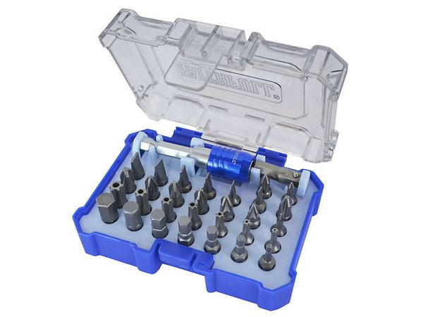 Faithfull 61-piece screwdriver bit set with durable S2 steel bits, quick-release holder, and sturdy case – available at