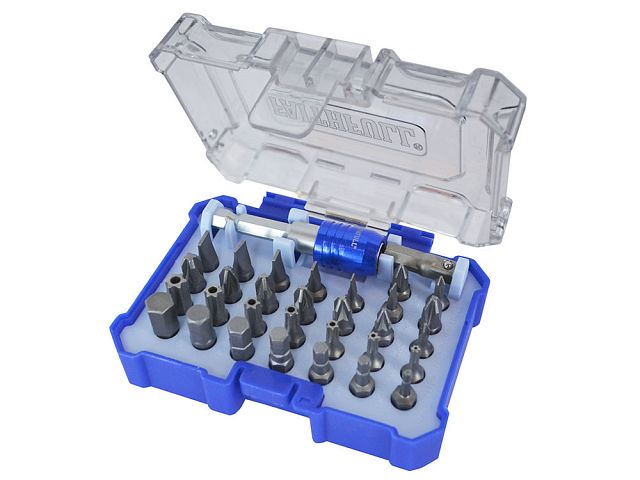 Faithfull 61-piece screwdriver bit set with durable S2 steel bits, quick-release holder, and sturdy case – available at
