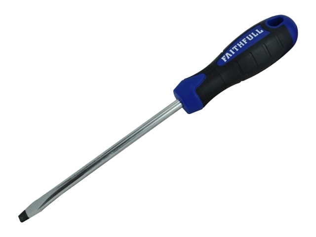 Faithfull 6.5x125mm soft-grip flared slotted screwdriver with black and blue handle and metal blade.