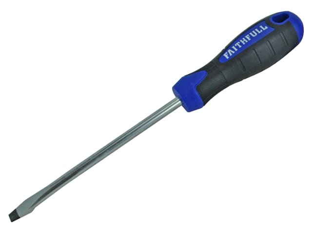 Faithfull Soft-Grip Flared Slotted Screwdriver 8x150mm with black and blue ergonomic handle and metal shaft.