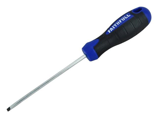 Faithfull Soft Grip Parallel Slotted Screwdriver 4.0x100mm, chrome vanadium steel, magnetised tip, from Kean’s Claremorris –