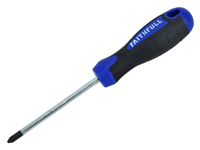 Faithfull PH2 x 100mm Soft-Grip Phillips screwdriver with black and blue ergonomic handle and metal shaft.