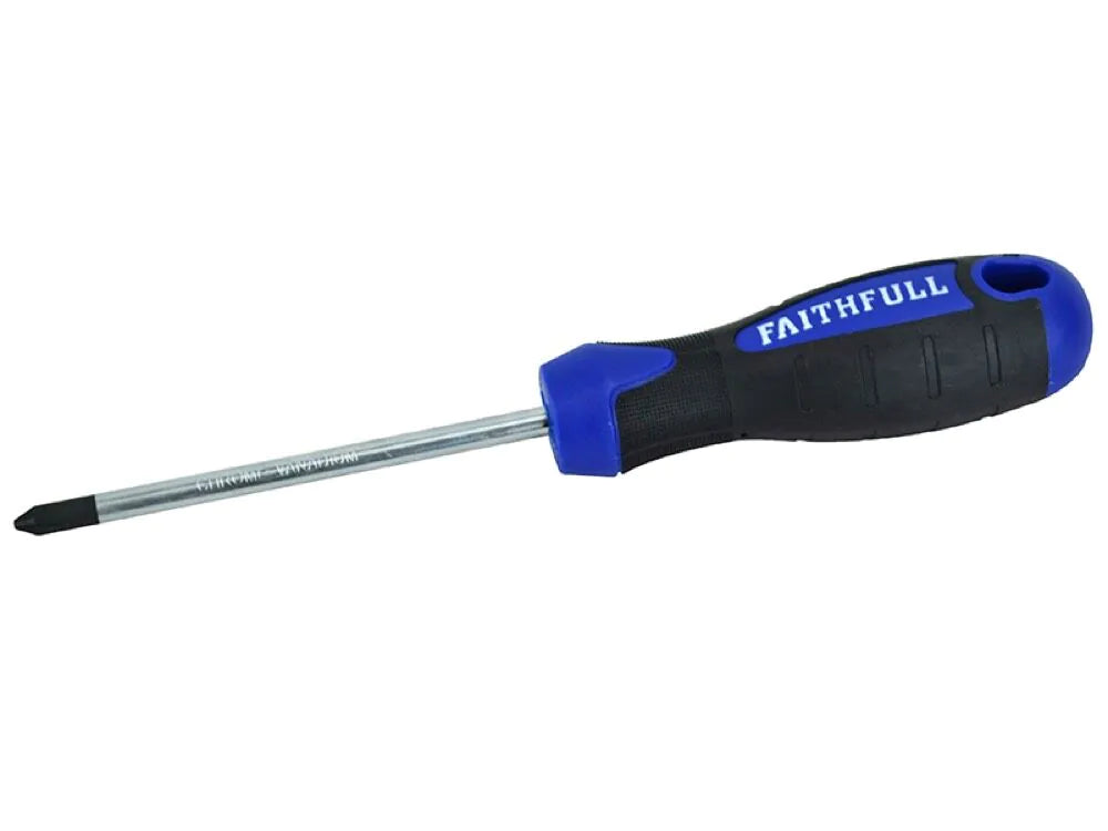 Faithfull soft grip Phillips screwdriver with blue and black handle, 100mm shaft length.
