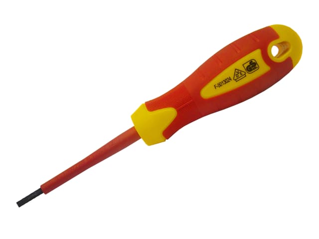 Faithfull VDE Soft-Grip Parallel Slotted Screwdriver with red and yellow insulated handle and 3.5mm blade.