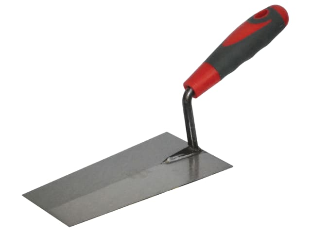 Faithfull Full Soft Grip Bucket Trowel with welded steel blade and red-black ergonomic handle, angled view.