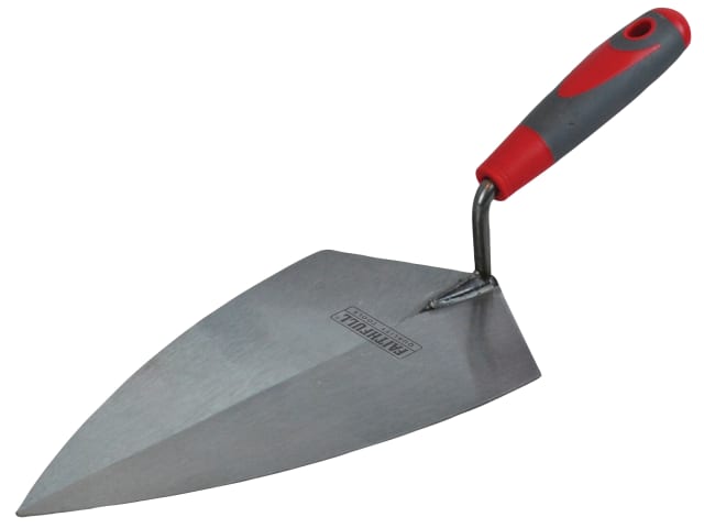 Faithfull 11" Philadelphia pattern brick trowel with soft-grip red and gray handle and steel blade.