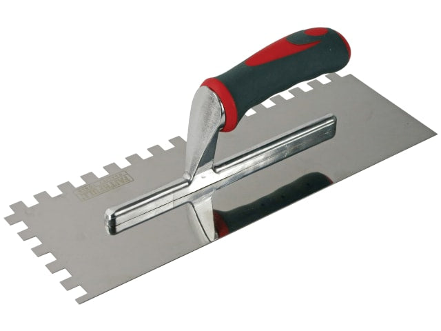 Faithfull 13" notched trowel with stainless steel blade and black-red soft-grip handle, angled view.