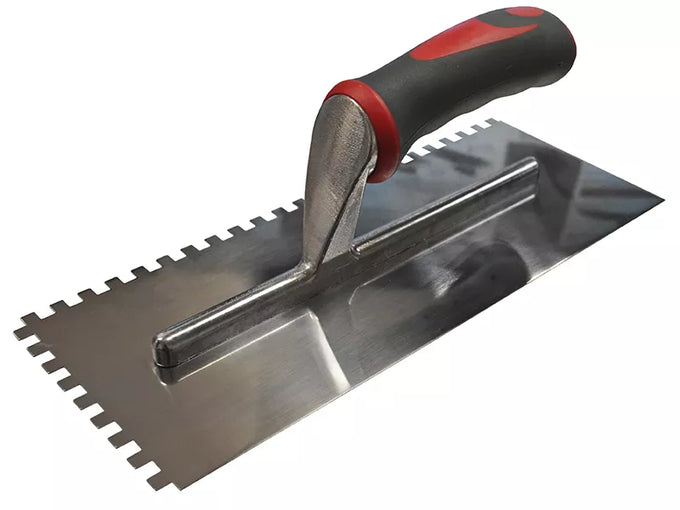 Faithfull 6mm serrated notched trowel with stainless steel blade and soft grip handle, available at Kean’s Claremorris. –