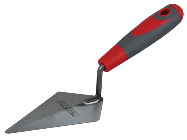 Faithfull 6" soft-grip pointing trowel with steel London pattern blade and red-gray ergonomic handle.