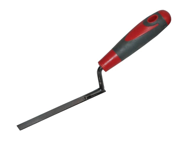 Faithfull Soft-Grip Tuck Pointer with red and black handle and flexible steel blade angled for brick joint work.