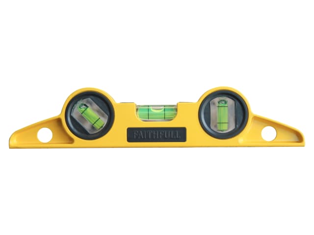 Faithfull Magnetic Scaffold Level FAISL250 in yellow with three green acrylic vials and black label on die-cast body.