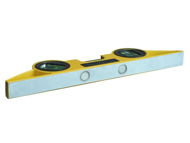 Yellow and silver 240mm magnetic scaffold level showing two bubble vials and magnetic base.