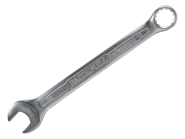 Faithfull 16mm combination spanner with satin chrome finish, showing open and ring ends.