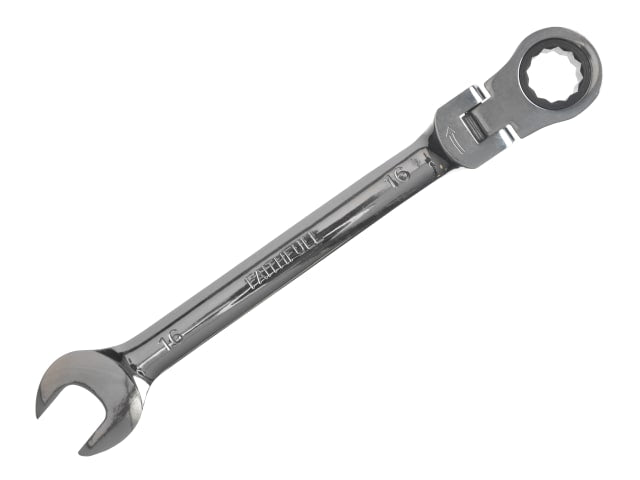 Faithfull 16mm ratchet combination spanner with 180° flex-head and satin chrome finish on white background.