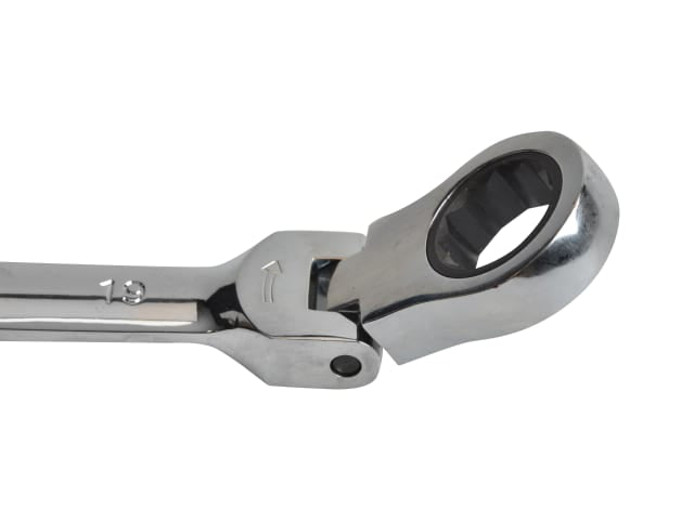 Close-up of the flex head ratchet end of a 16mm Faithfull combination spanner wrench