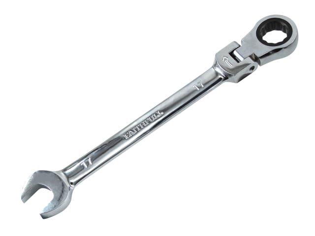 Faithfull 17mm ratchet combination spanner with 180° flex-head and satin chrome finish on white background.