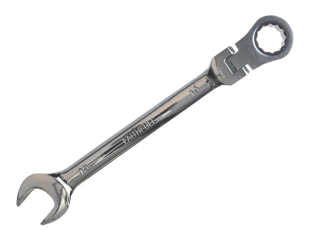 Faithfull 19mm ratchet combination spanner with 180° flex-head and satin chrome finish on white background