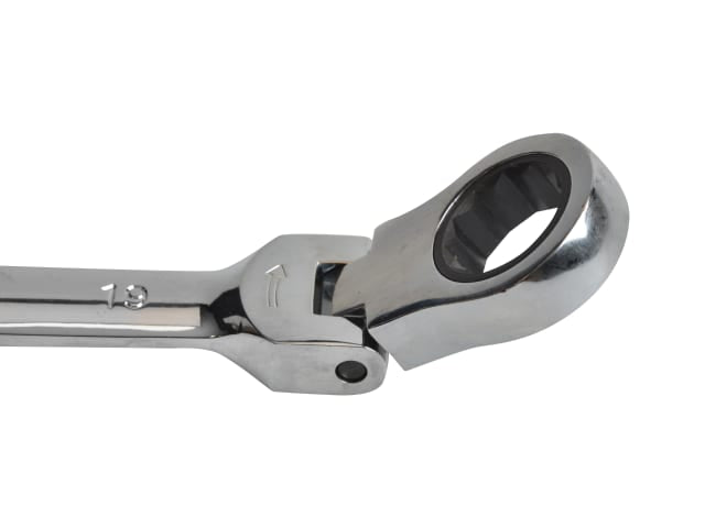 Close-up of the flex head ratchet end on a 19mm Faithfull ratchet combination spanner.