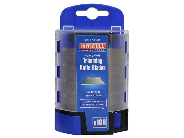 Heavy Duty Trimming Knife Blades 100 pack in plastic dispenser, sharp steel for carpet, vinyl, cardboard cutting – Kean’s