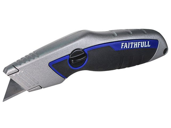 Faithfull Professional Fixed Blade Utility Knife with die-cast metal body, soft-grip handle, blade storage, sold by Kean’s
