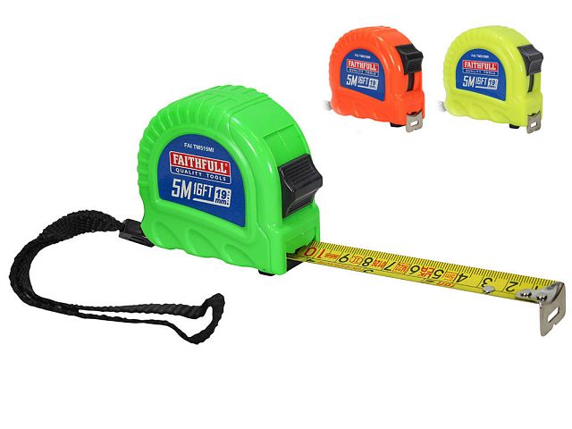 Faithfull Twin Lock Tape Measure 5m/16ft, hi-vis ABS case, nylon coated blade, dual locking, sold at Kean’s Claremorris. –