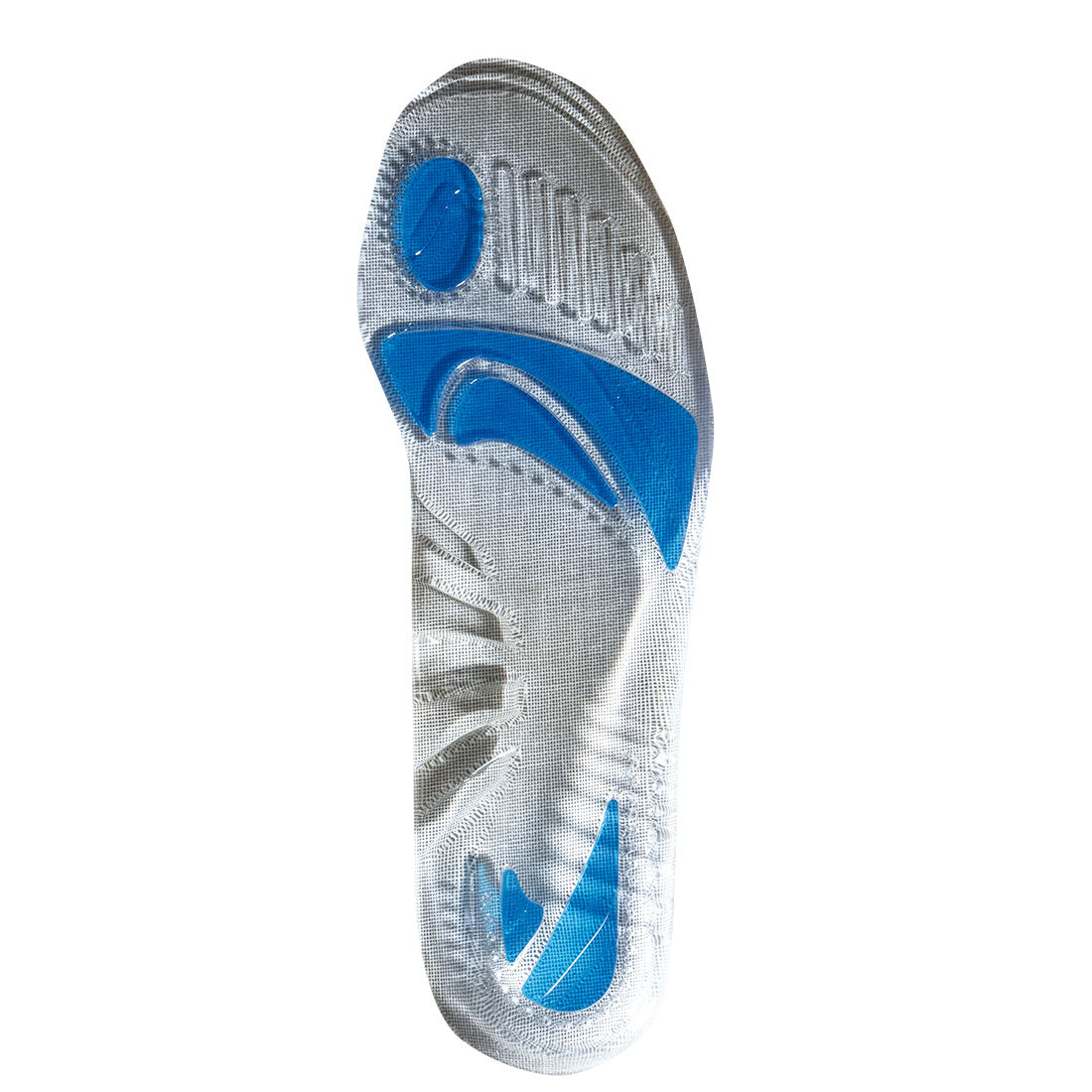 Grey gel insole with blue cushioning pads in high-impact zones, shown from top view on white background