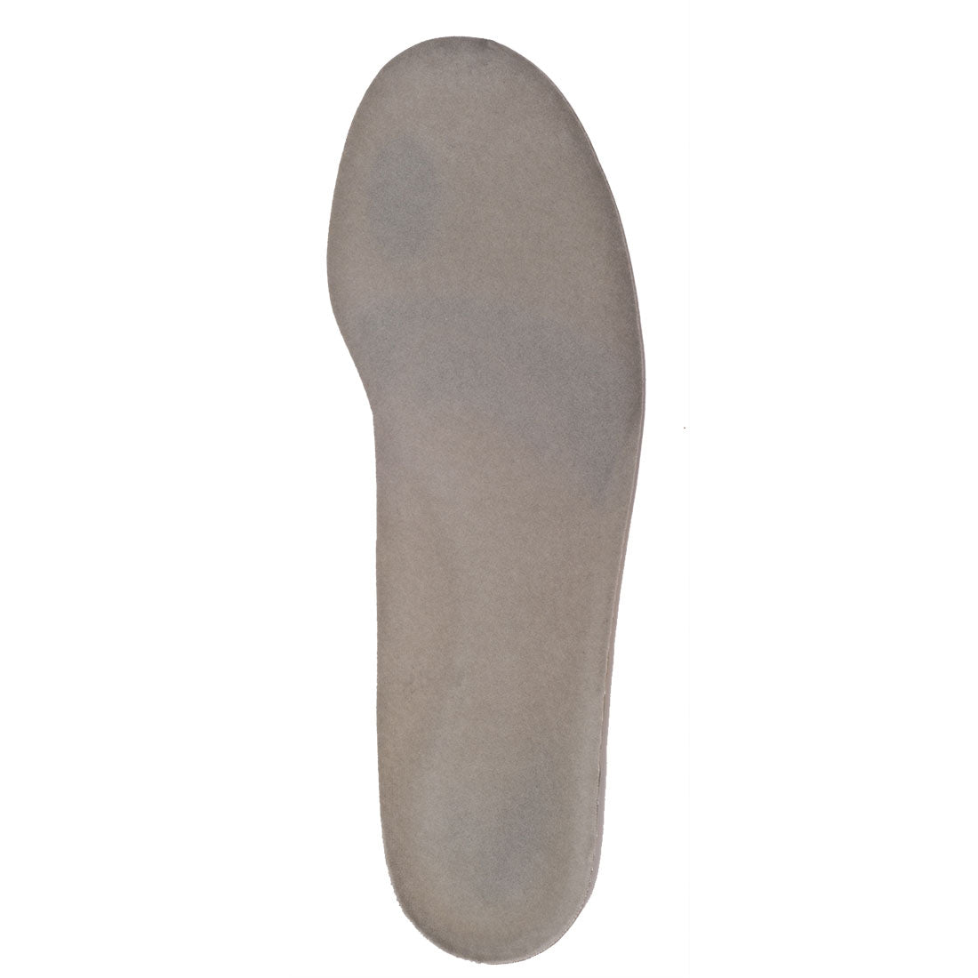 Gray gel insole shown flat with a smooth surface and rounded toe shape on white background
