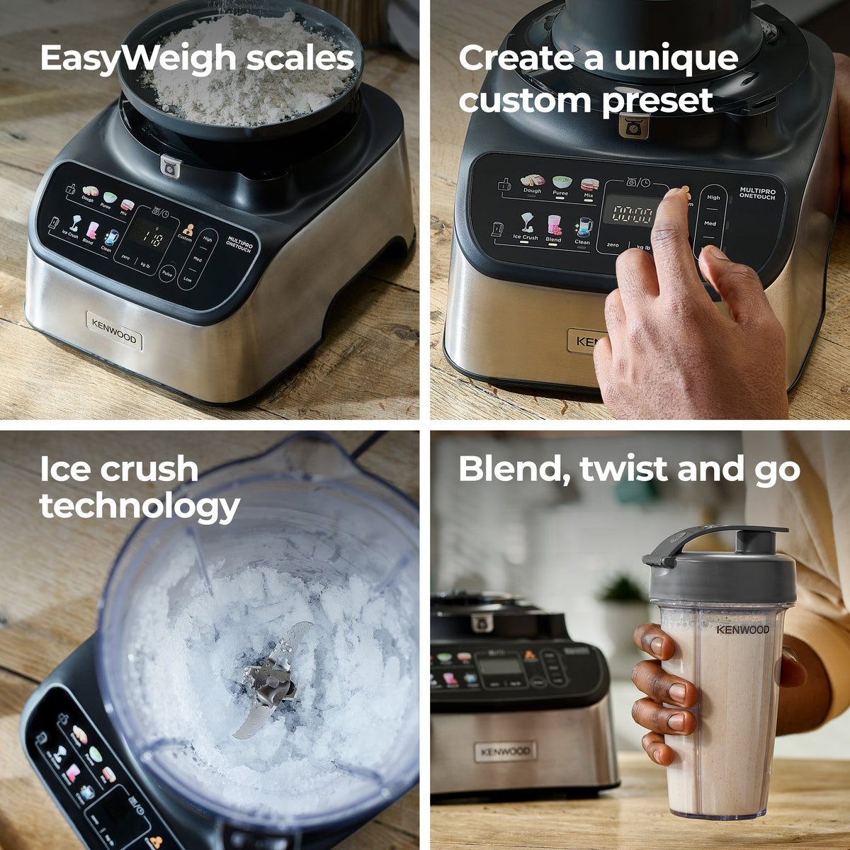 Kenwood 7-in-1 Multipro Express food processor with weighing bowl, control panel, ice crushing, and blending cup in use.