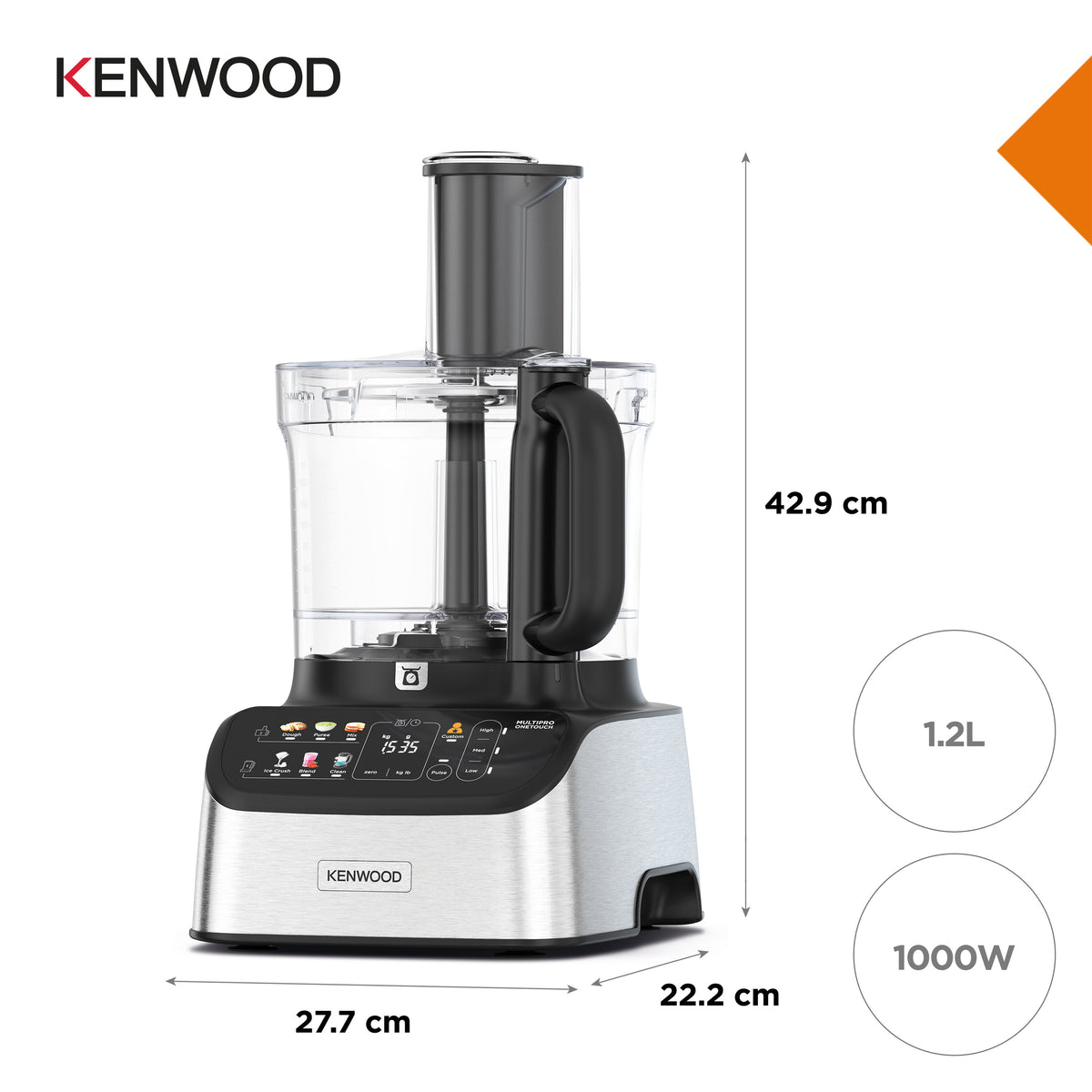 Kenwood 7-in-1 food processor with clear bowl, black handle, digital display, and stainless steel base