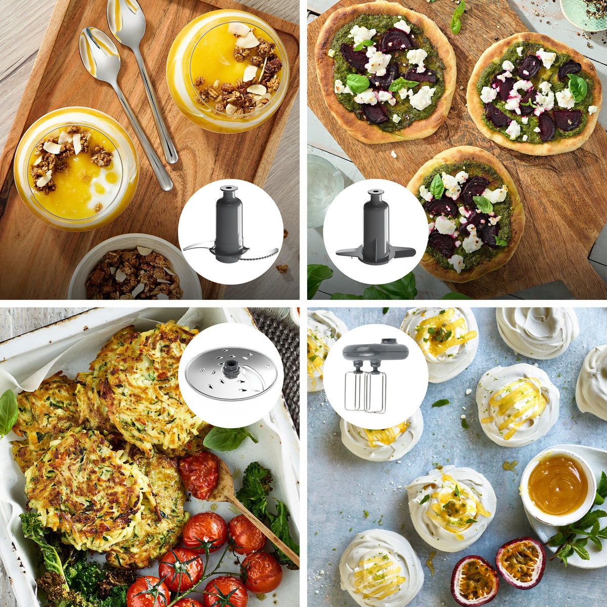 Kenwood 7-in-1 Multipro Express food processor attachments with prepared dishes on wooden and metal trays