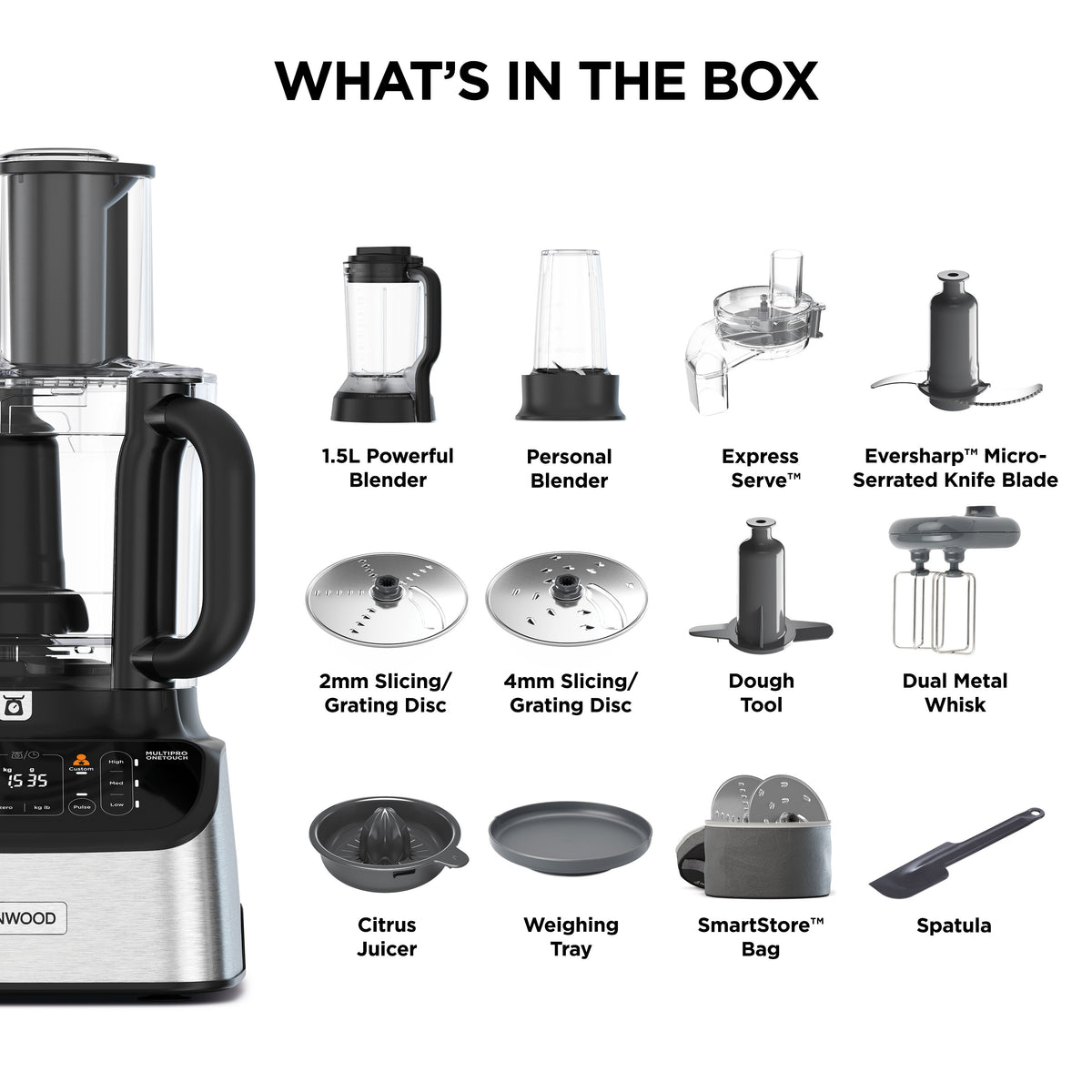 Kenwood 7-in-1 Multipro Express food processor with blender, discs, blades, whisk, juicer, weighing tray, spatula, and