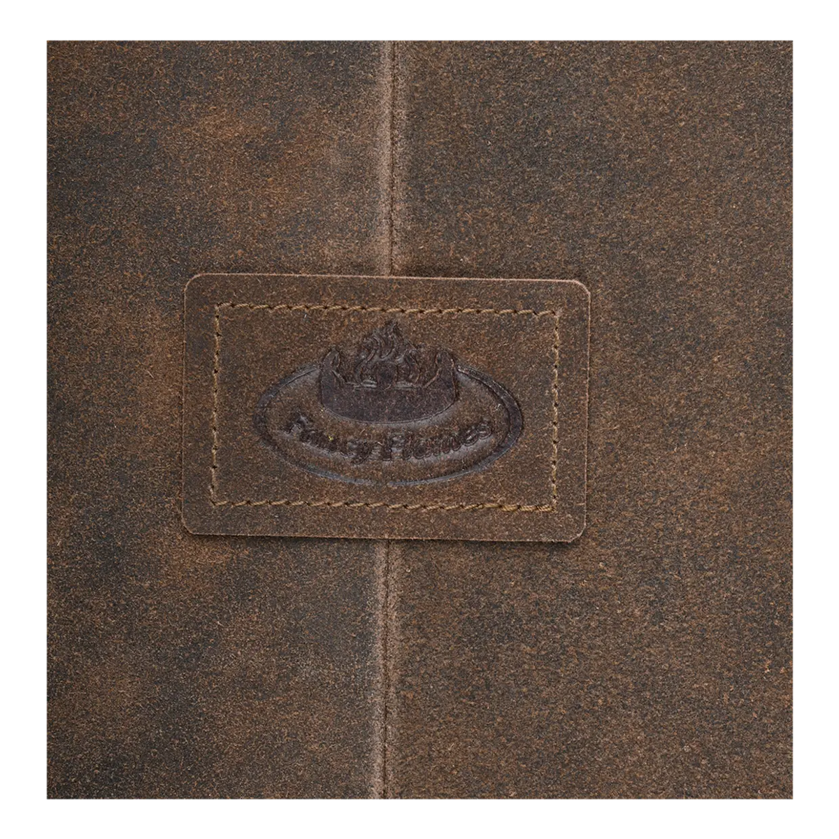 Close-up of the stitched leather patch on a brown Leather BBQ Apron showing a flame logo.