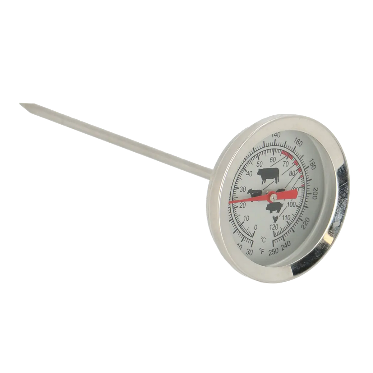 BBQ meat thermometer with metal probe and dial showing temperature in Celsius and Fahrenheit with meat icons