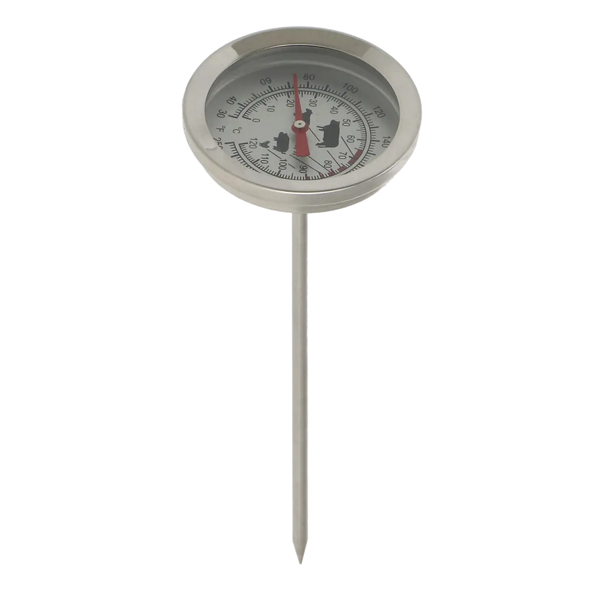 BBQ meat thermometer with stainless steel probe and dial showing temperature in Celsius and Fahrenheit.